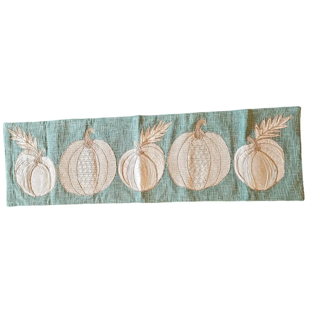 Lillian August Sage Green Embroidered Pumpkin Table Runner Fall Decor 48 Inch